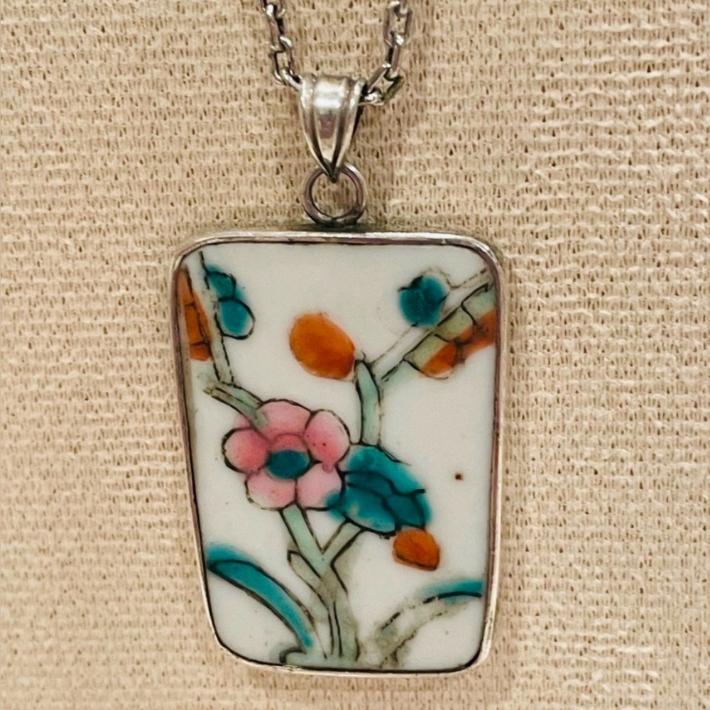 Baroque China Hand-Painted Porcelain in 925 Silver Pendant | 18” | Box Chain.